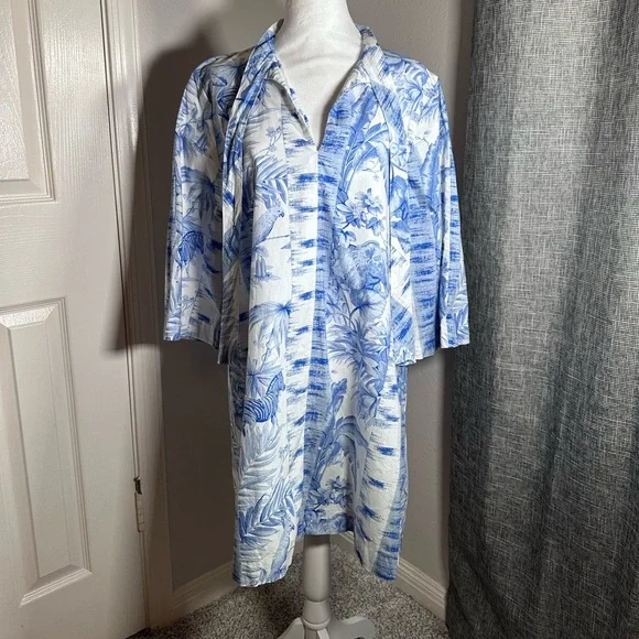 Tuckernuck Safari Toile Blue White Flare Sleeve Dress Size Small - Picture 3 of 11